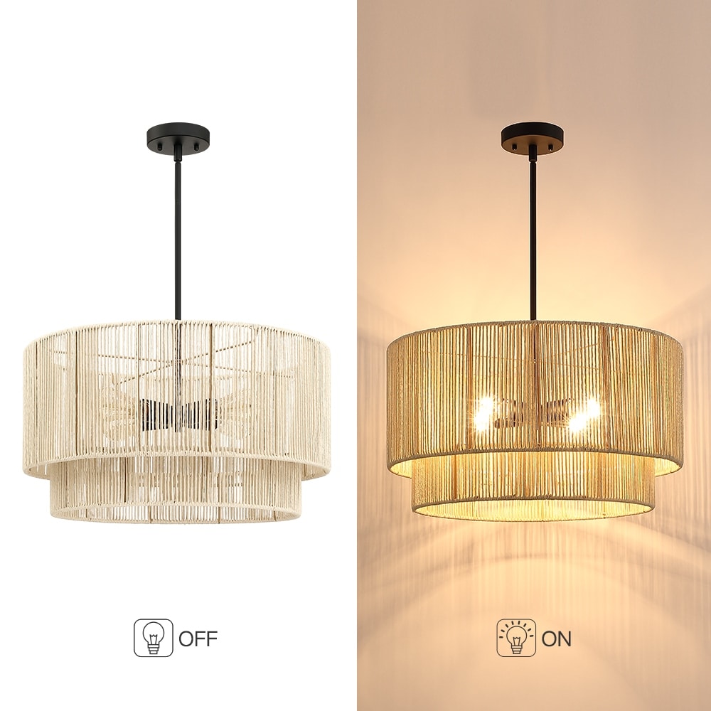 Lustre tambour étagé en rotin à 4 lumières avec rosace noire - 56 cm (22 po) de largeur