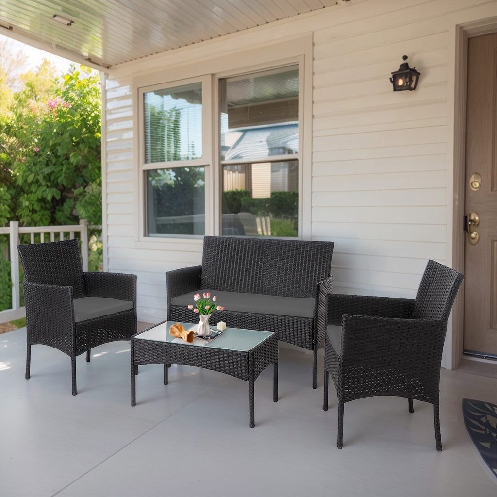 Ensemble de mobilier de jardin en résine tressée 4 pièces, canapé d'angle extérieur en rotin avec coussins