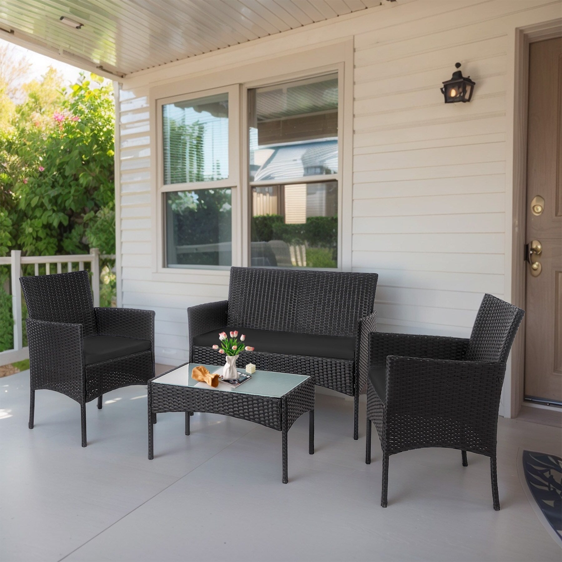 Ensemble de mobilier de jardin en résine tressée 4 pièces, canapé d'angle extérieur en rotin avec coussins