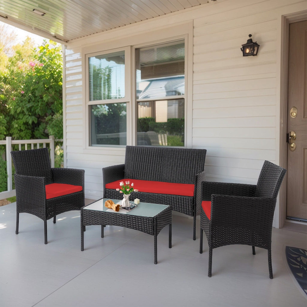 Ensemble de mobilier de jardin en résine tressée 4 pièces, canapé d'angle extérieur en rotin avec coussins