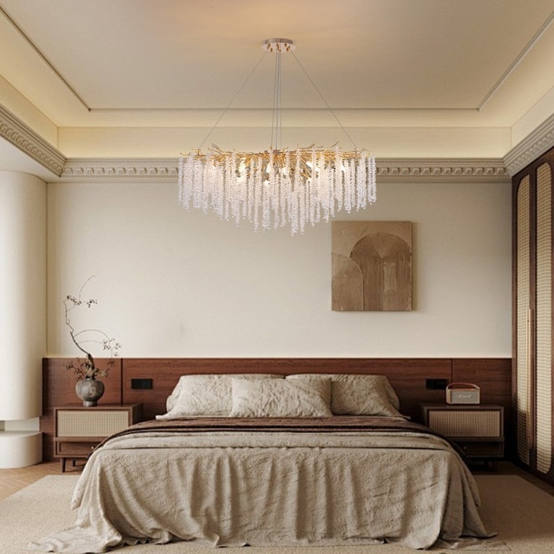 Lustre rectangulaire moderne en cristal doré de 101,6 cm (40 po) avec branches d'arbre, suspension pour îlot de cuisine ou salle à manger.