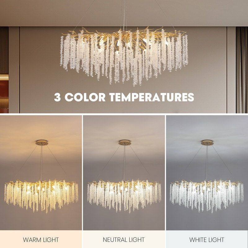 Lustre rectangulaire moderne en cristal doré de 101,6 cm (40 po) avec branches d'arbre, suspension pour îlot de cuisine ou salle à manger.