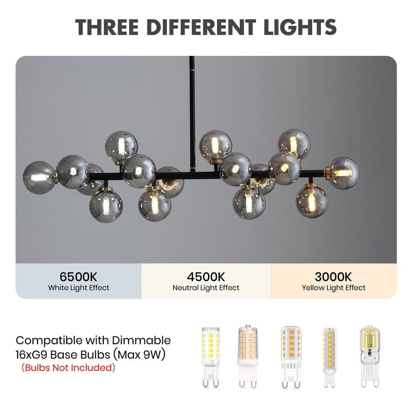 Lustre linéaire moderne du milieu du siècle de 101,6 cm (40 po), suspension Sputnik en laiton doré à 16 lumières avec globe en verre dépoli pour salle à manger