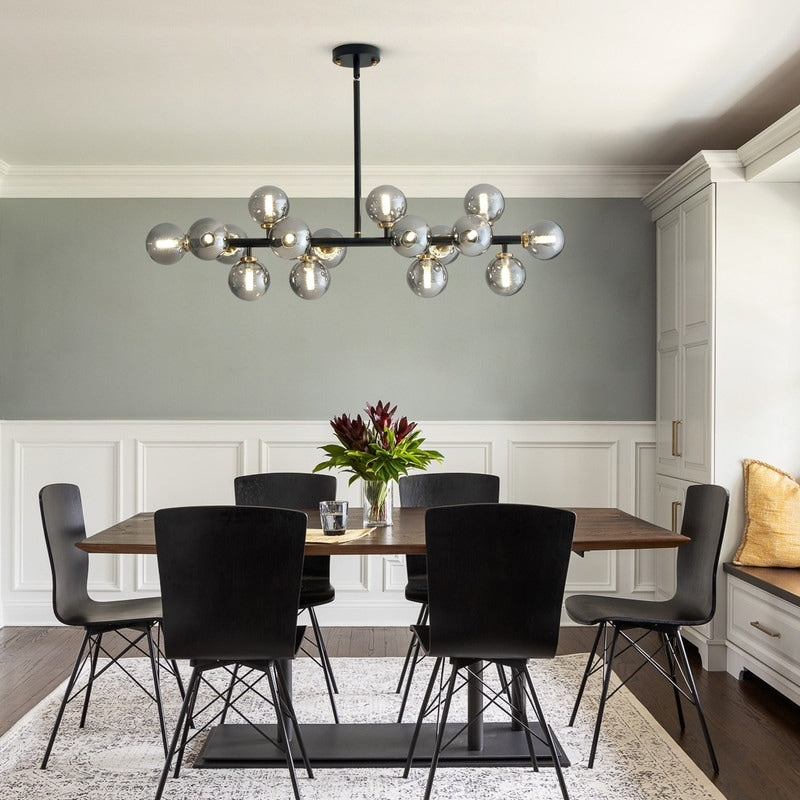 Lustre linéaire moderne du milieu du siècle de 101,6 cm (40 po), suspension Sputnik en laiton doré à 16 lumières avec globe en verre dépoli pour salle à manger