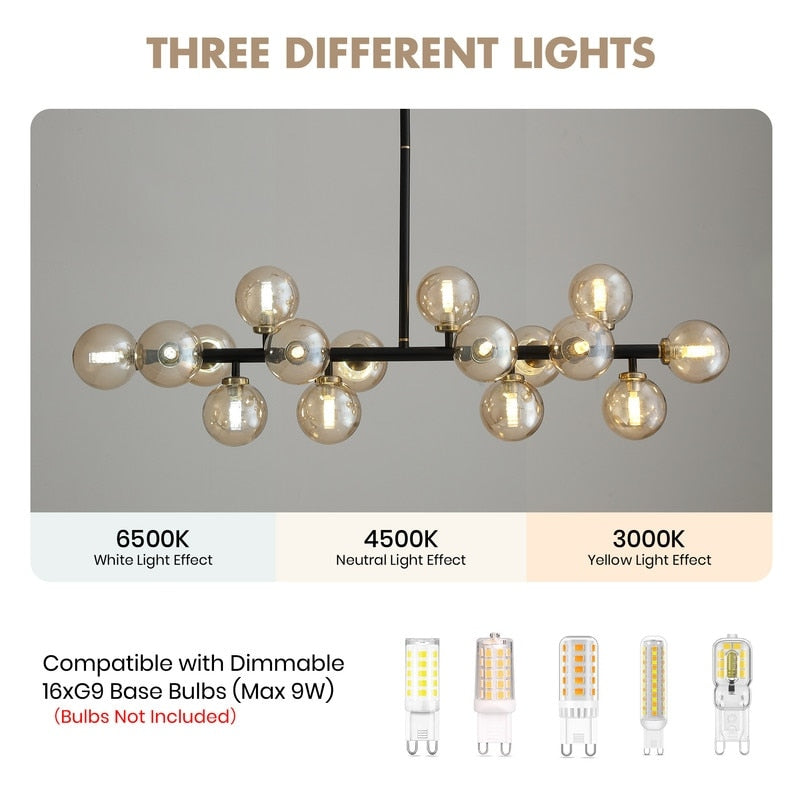 Lustre linéaire moderne du milieu du siècle de 101,6 cm (40 po), suspension Sputnik en laiton doré à 16 lumières avec globe en verre dépoli pour salle à manger