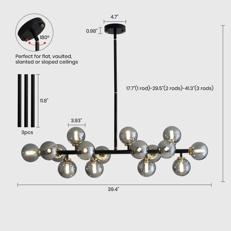 Lustre linéaire moderne du milieu du siècle de 101,6 cm (40 po), suspension Sputnik en laiton doré à 16 lumières avec globe en verre dépoli pour salle à manger