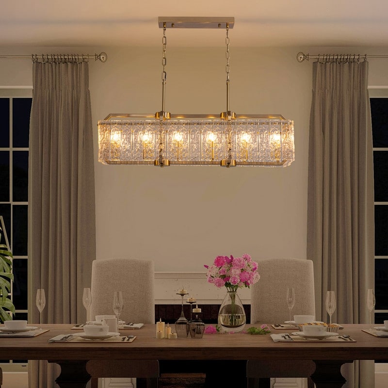 Lustre rectangulaire moderne linéaire en cristal de 101,6 cm (40 po), 16 lumières, laiton doré, idéal pour salle à manger, salon ou îlot de cuisine.
