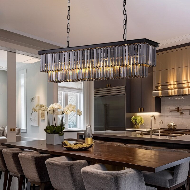 Lustre moderne contemporain en cristal gris fumé et noir à deux niveaux, suspension linéaire pour îlot de cuisine ou salle à manger, 119 cm (47 po).