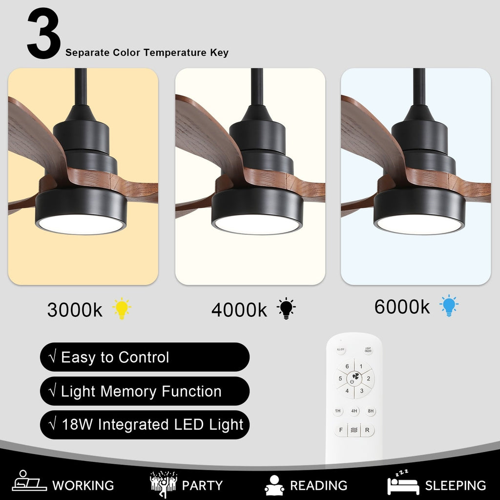 Ventilateur de plafond LED intégré 48 et 52 pouces avec éclairage et télécommande, moteur CC réversible