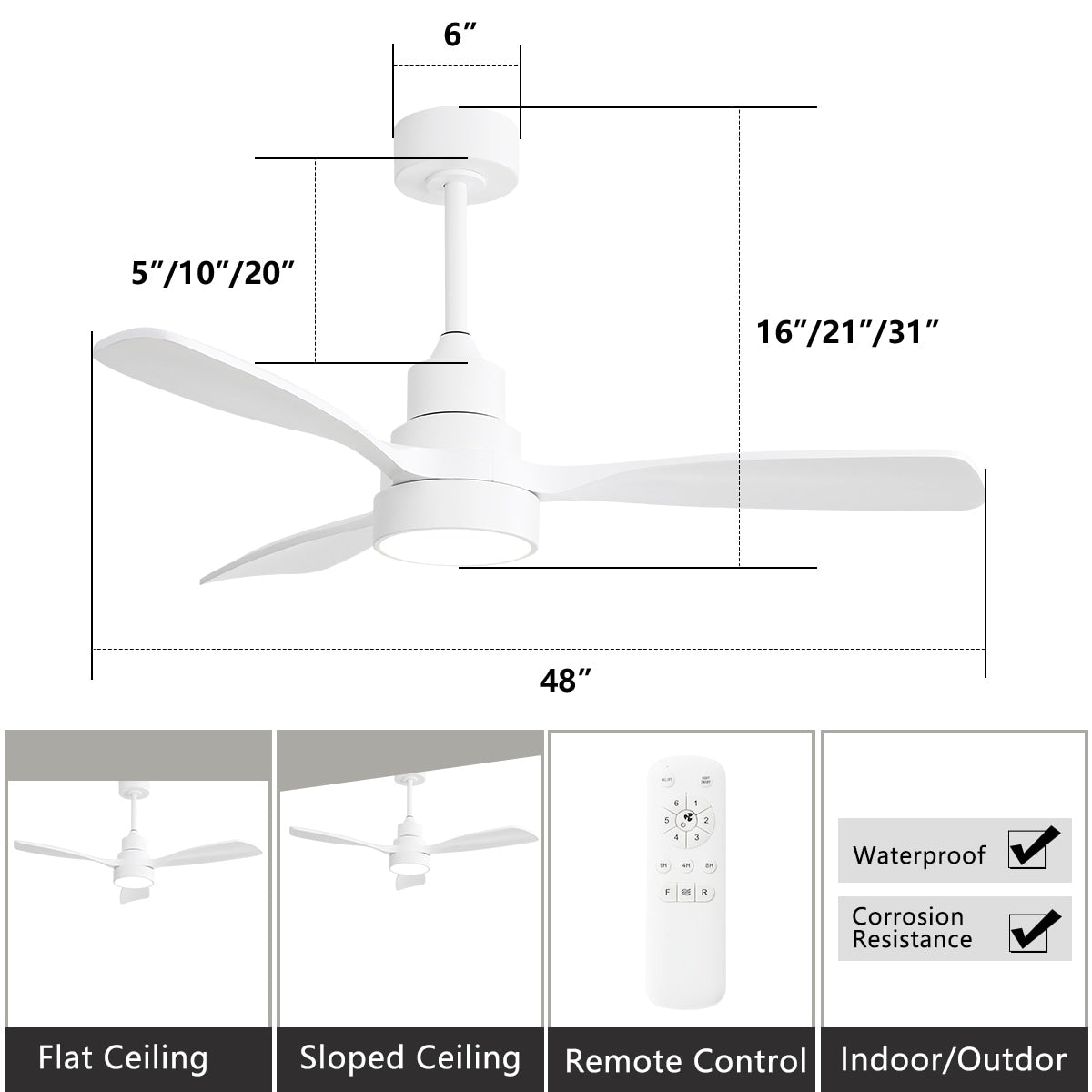 Ventilateur de plafond LED intégré 48 et 52 pouces avec éclairage et télécommande, moteur CC réversible