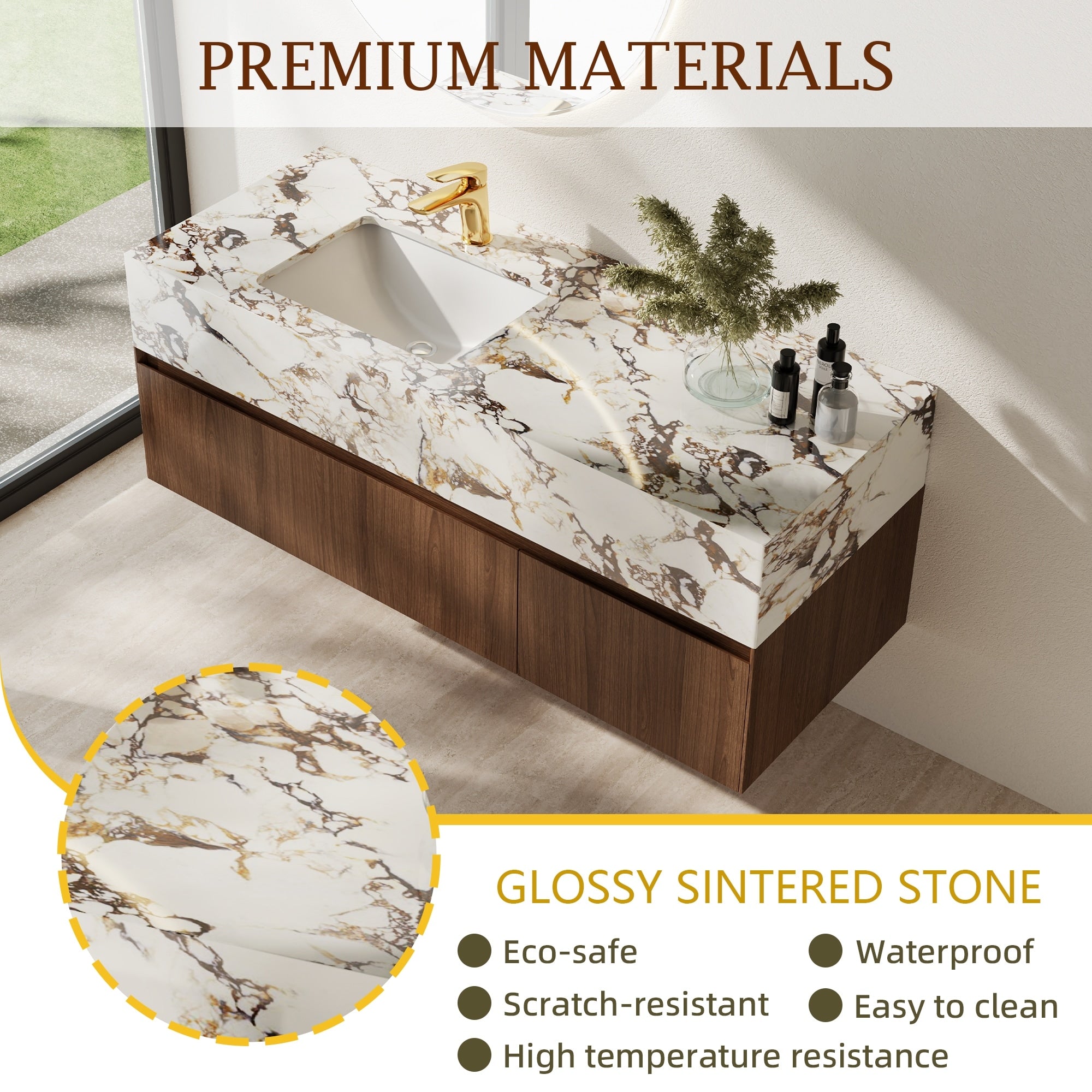 Meuble-lavabo simple moderne de 122 cm (48 po), avec comptoir en faux marbre brillant et structure en bois massif.