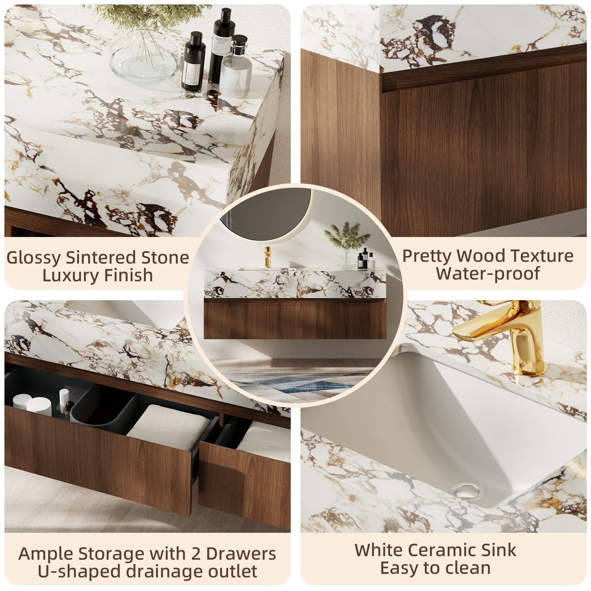 Meuble-lavabo simple moderne de 122 cm (48 po), avec comptoir en faux marbre brillant et structure en bois massif.