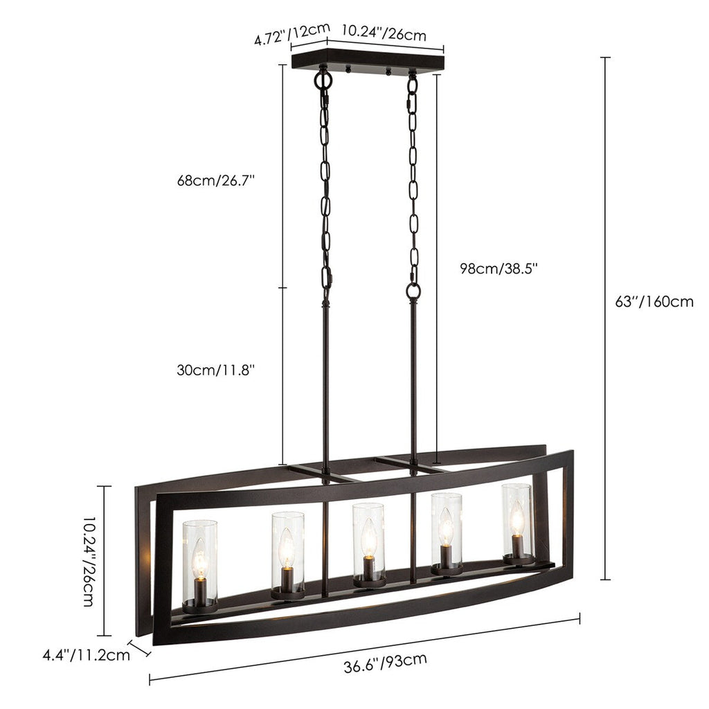 Suspension linéaire industrielle moderne du milieu du siècle à 5 lumières pour îlot de cuisine, lustre vintage rectangulaire en verre