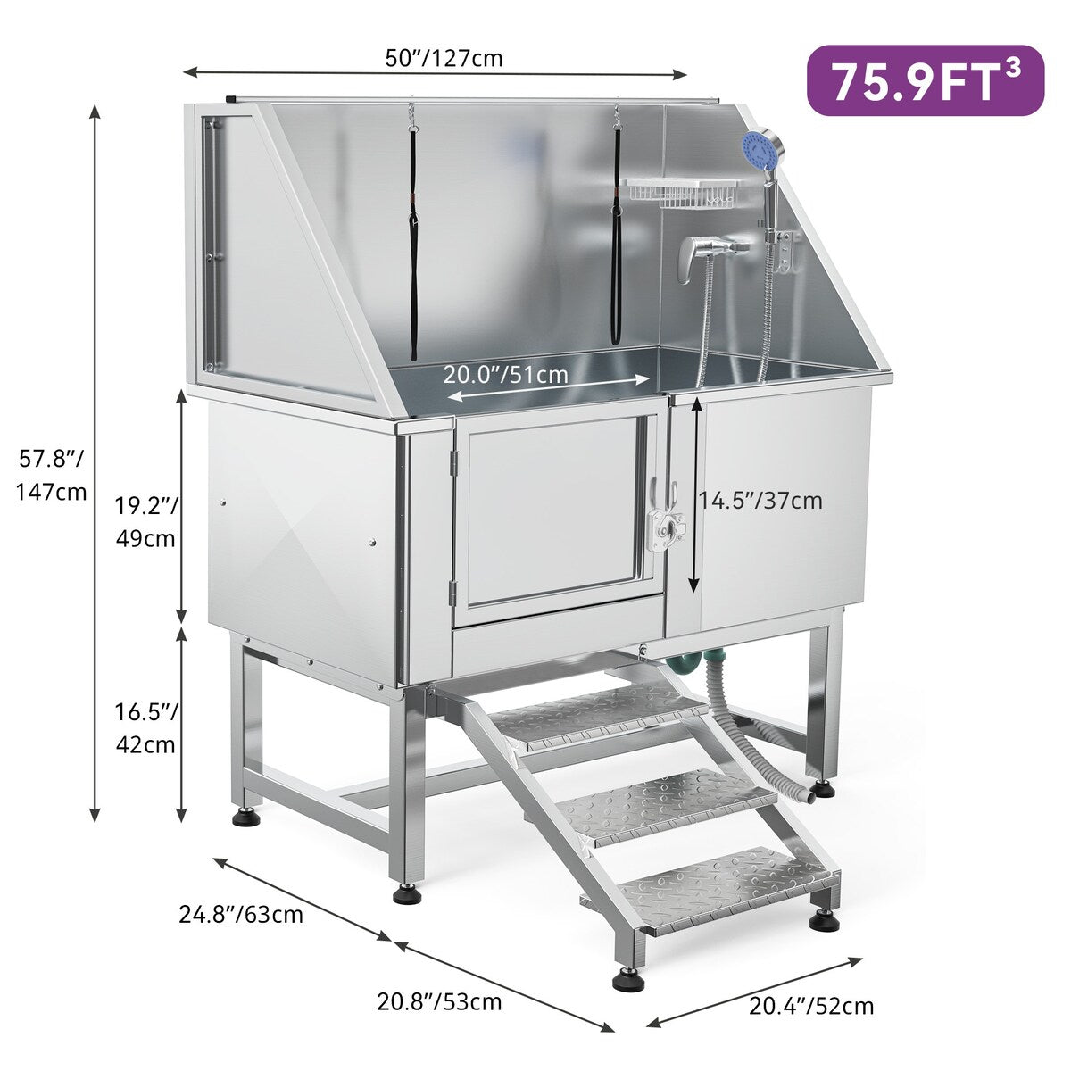 Baignoire de toilettage réglable en acier inoxydable de 127 cm (50 po) de largeur avec rampe d'accès