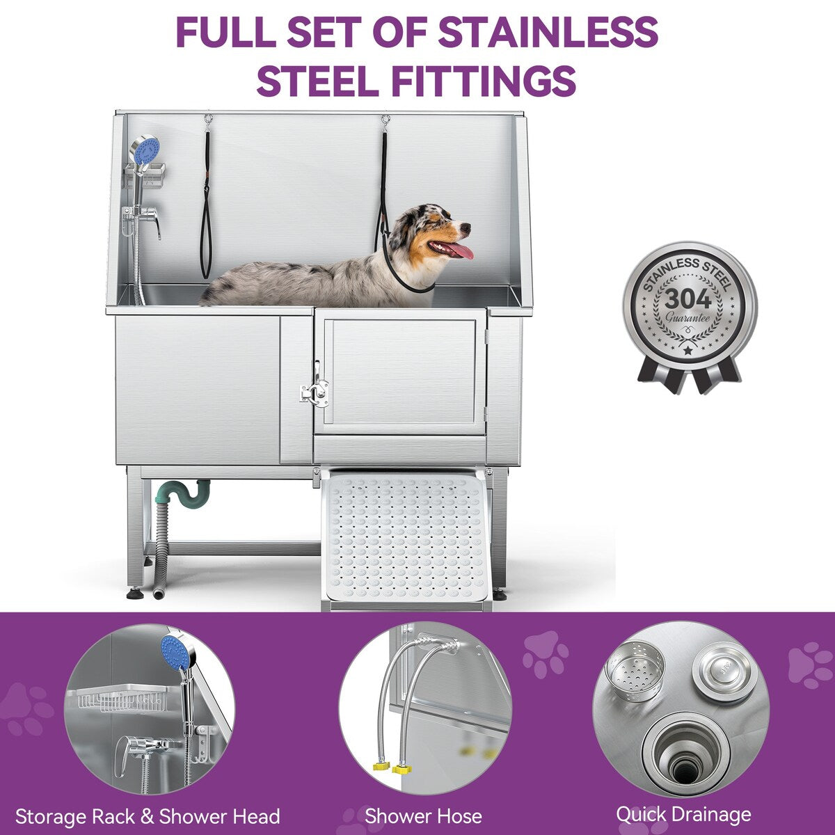 Baignoire de toilettage réglable en acier inoxydable de 127 cm (50 po) de largeur avec rampe d'accès