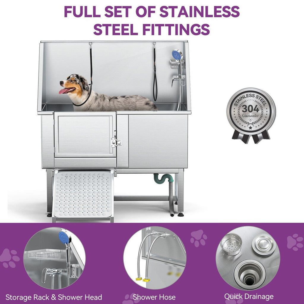 Baignoire de toilettage réglable en acier inoxydable de 127 cm (50 po) de largeur avec rampe d'accès