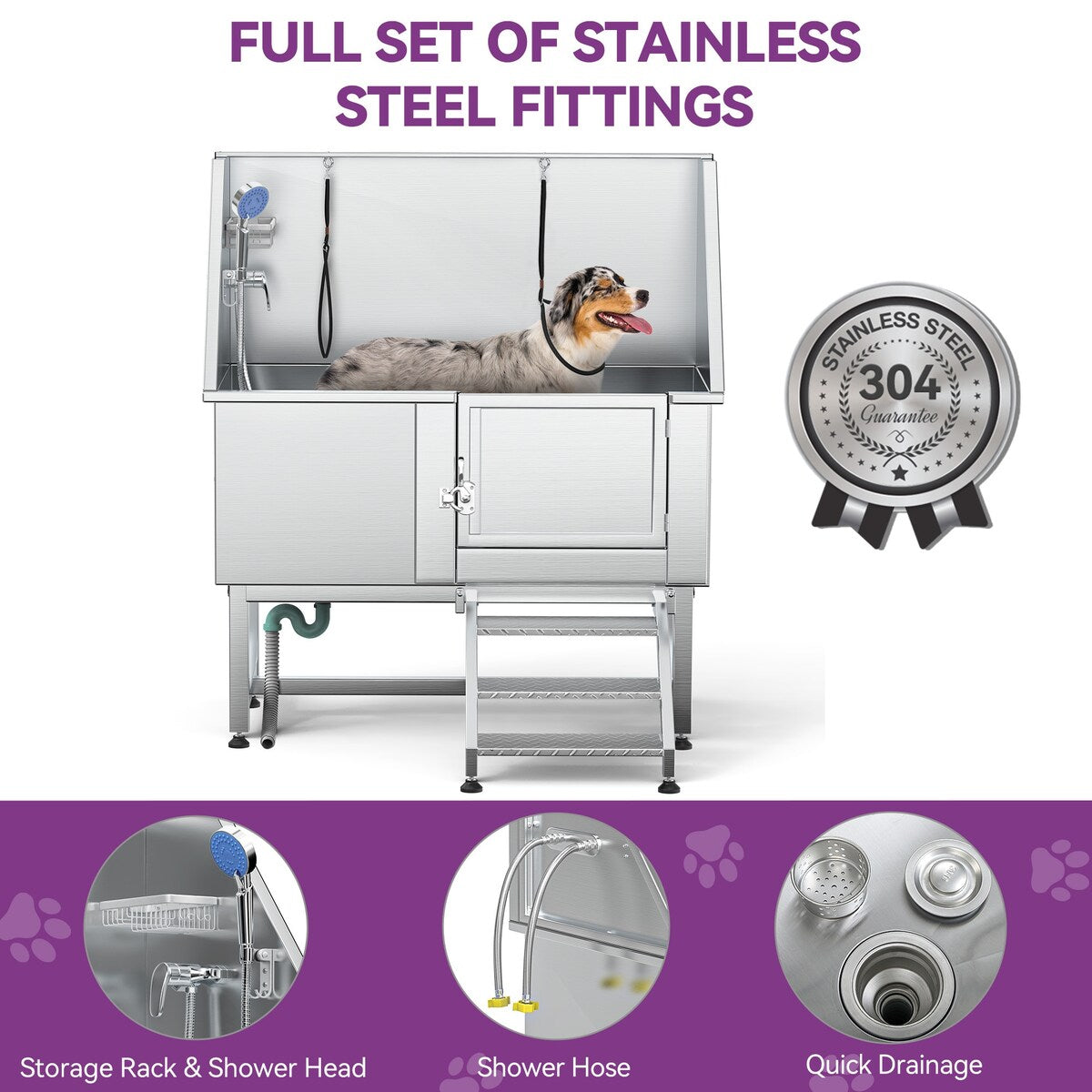 Baignoire de toilettage réglable en acier inoxydable de 127 cm (50 po) de largeur avec rampe d'accès