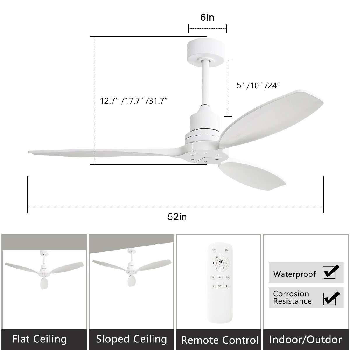 Ventilateur de plafond moderne de 132 cm (52 ​​pouces) en bois massif et ABS avec télécommande (sans éclairage), 6 vitesses de ventilation et flux d'air réversible.
