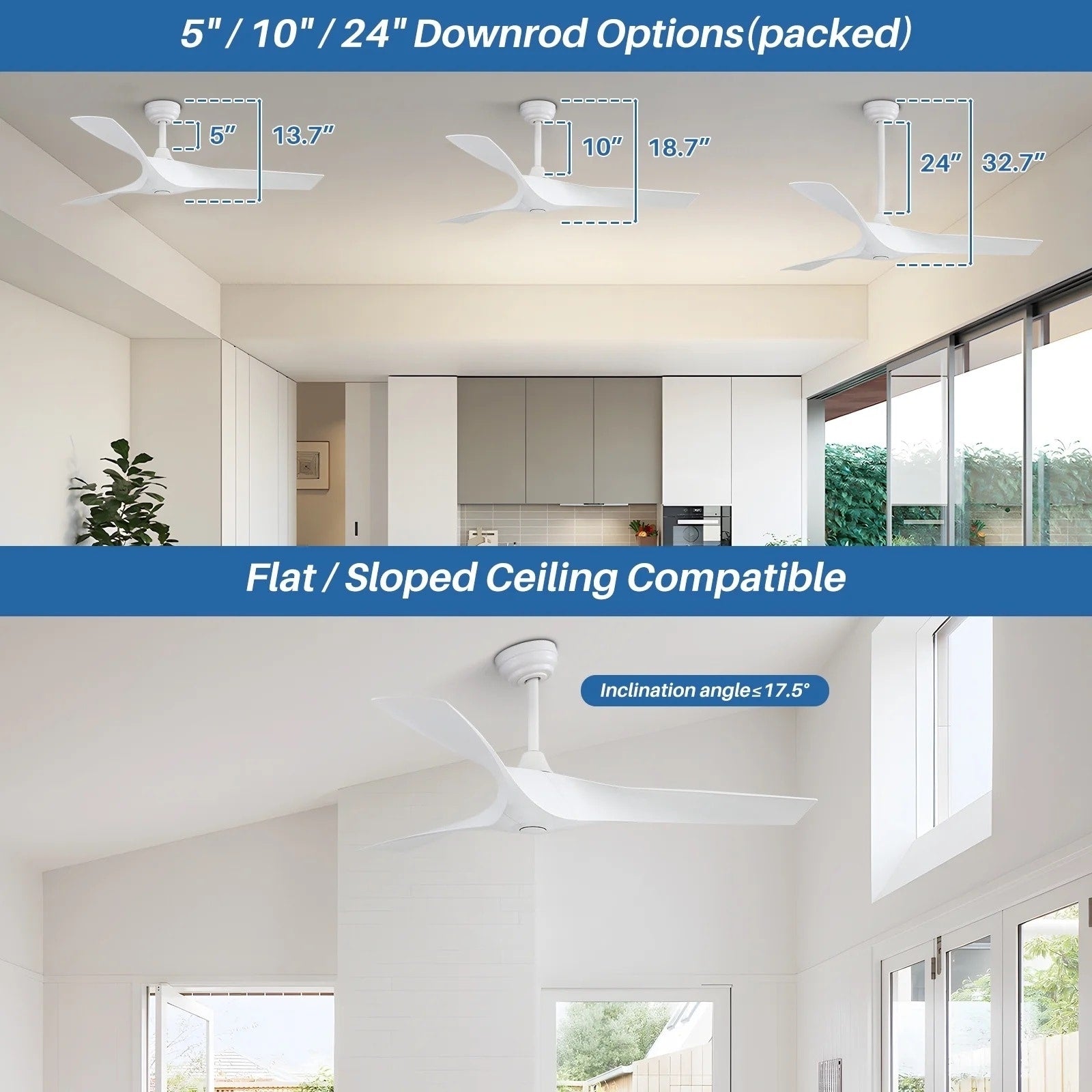 Ventilateur de plafond moderne de 132 cm (52 ​​pouces) en bois massif et ABS avec télécommande (sans éclairage), 6 vitesses de ventilation et flux d'air réversible.