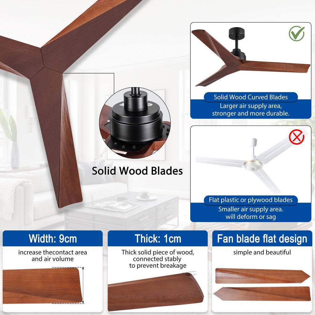 Ventilateur de plafond moderne de 132 cm (52 ​​pouces) en bois massif et ABS avec télécommande (sans éclairage), 6 vitesses de ventilation et flux d'air réversible.