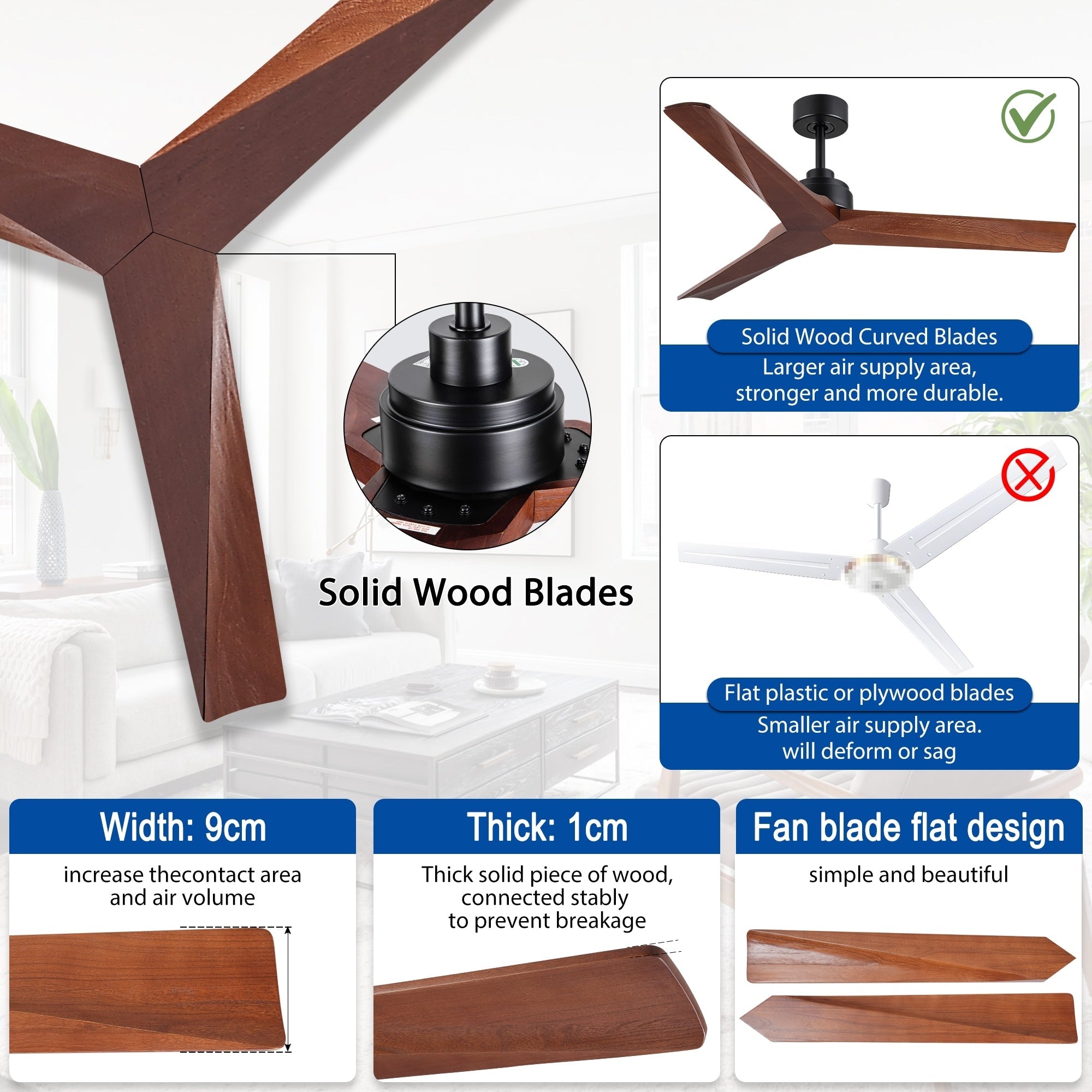 Ventilateur de plafond moderne de 132 cm (52 ​​pouces) en bois massif et ABS avec télécommande (sans éclairage), 6 vitesses de ventilation et flux d'air réversible.