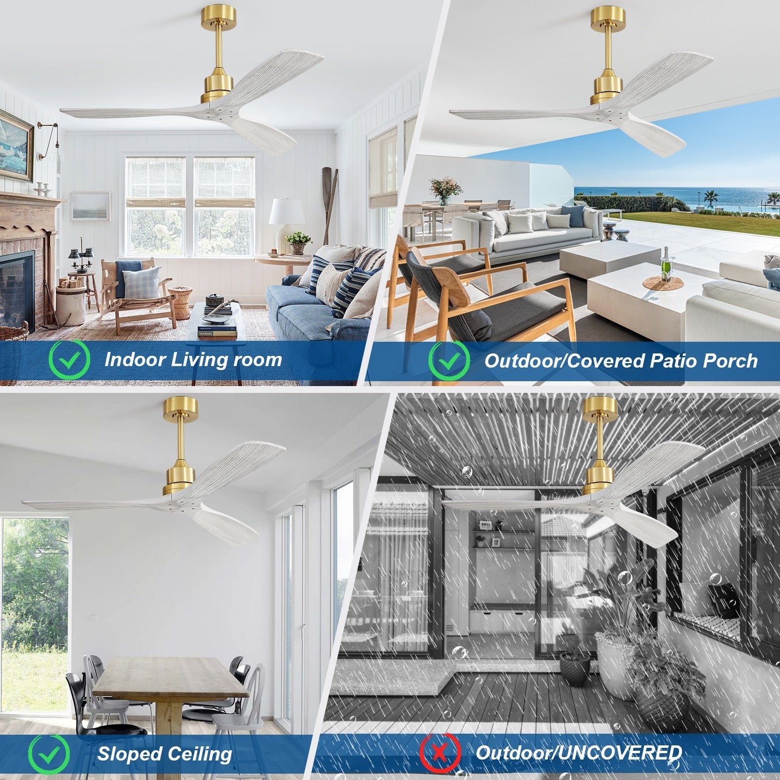 Ventilateur de plafond moderne de 132 cm (52 ​​pouces) en bois massif et ABS avec télécommande (sans éclairage), 6 vitesses de ventilation et flux d'air réversible.