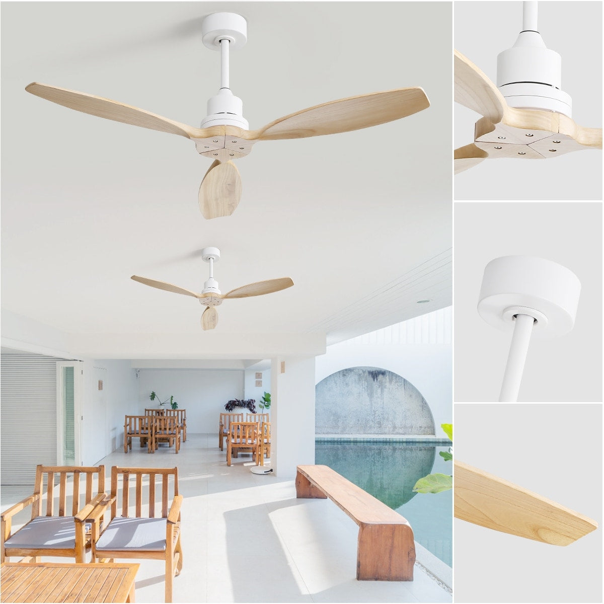 Ventilateur de plafond moderne de 132 cm (52 ​​pouces) en bois massif et ABS avec télécommande (sans éclairage), 6 vitesses de ventilation et flux d'air réversible.