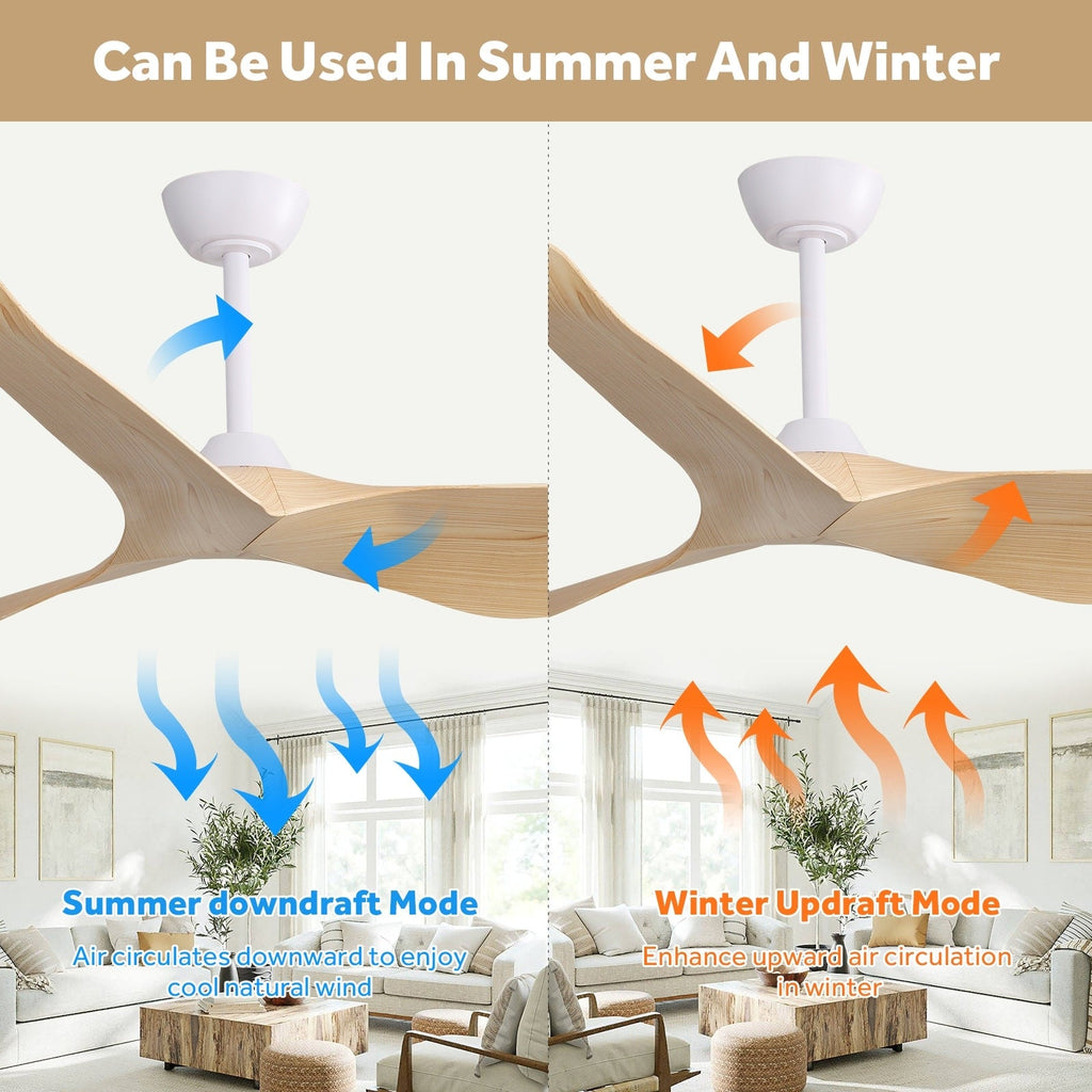 Ventilateur de plafond moderne de 132 cm (52 ​​pouces) en bois massif et ABS avec télécommande (sans éclairage), 6 vitesses de ventilation et flux d'air réversible.