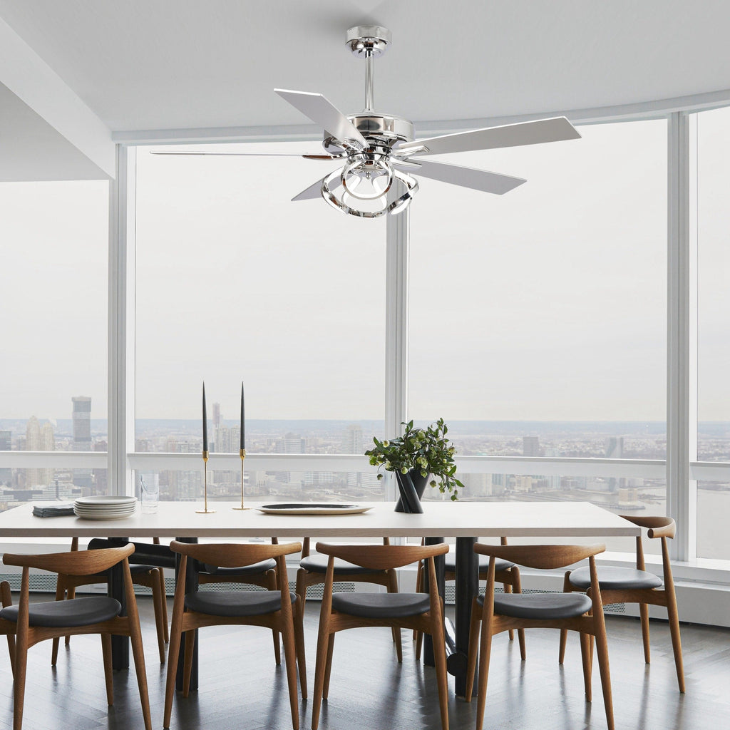 Ventilateur de plafond intérieur moderne chromé/noir de 52 pouces avec éclairage LED à intensité variable et télécommande