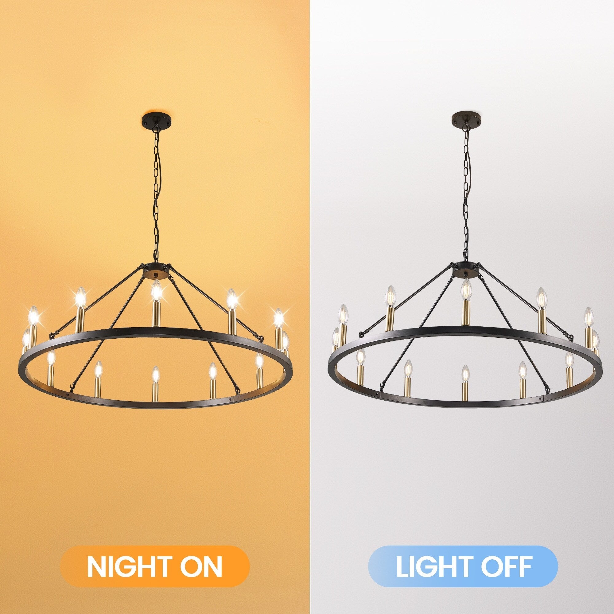 Lustre rond de 54 pouces en forme de roue de chariot avec 24 lumières