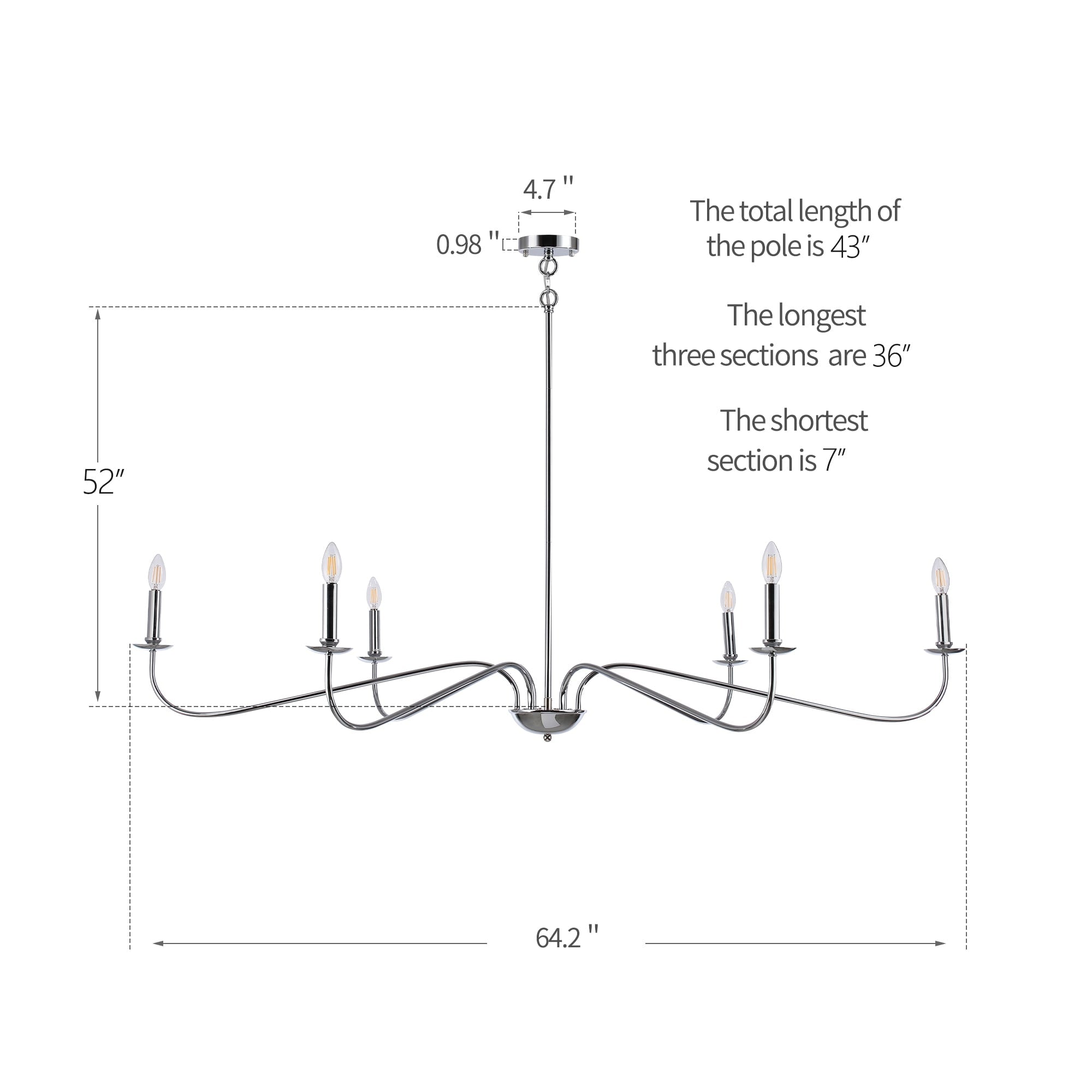 Lustre minimaliste à 6 lumières de 162,5 cm (64 pouces) en noir mat/or/chrome - Non disponible
