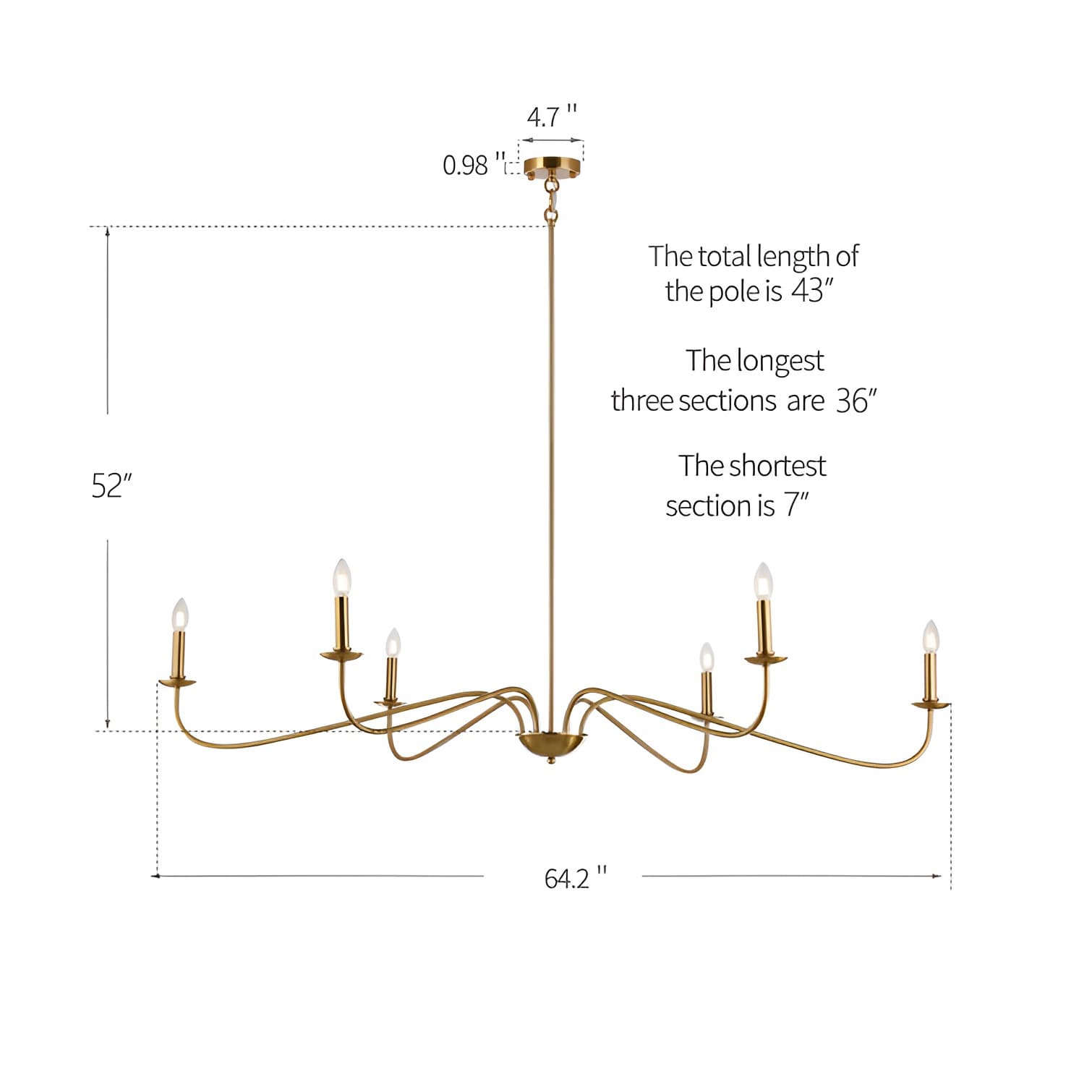 Lustre minimaliste à 6 lumières de 162,5 cm (64 pouces) en noir mat/or/chrome - Non disponible