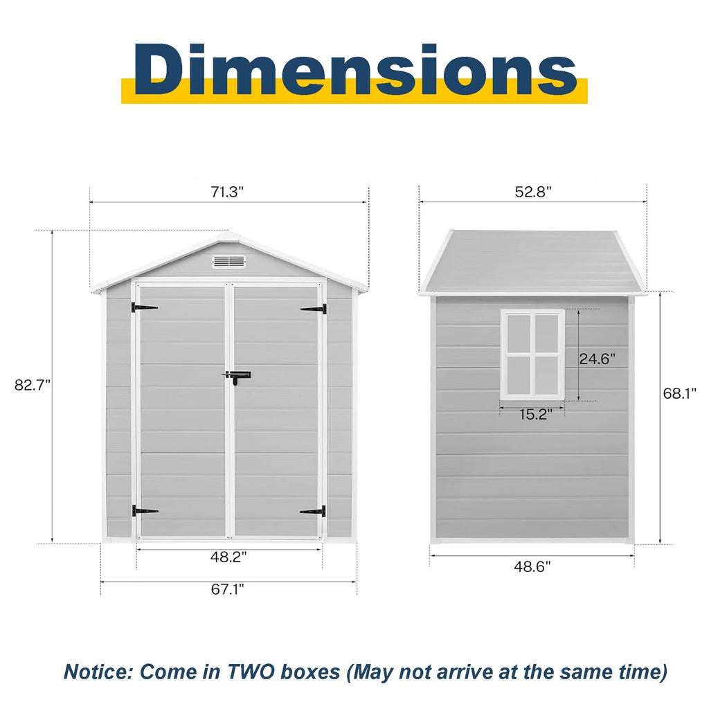Abri de jardin en résine plastique tout temps avec plancher, dimensions : 1,83 m x 1,22 m / 1,83 m x 2,44 m / 2,44 m x 1,83 m / 2,44 m x 3,05 m.
