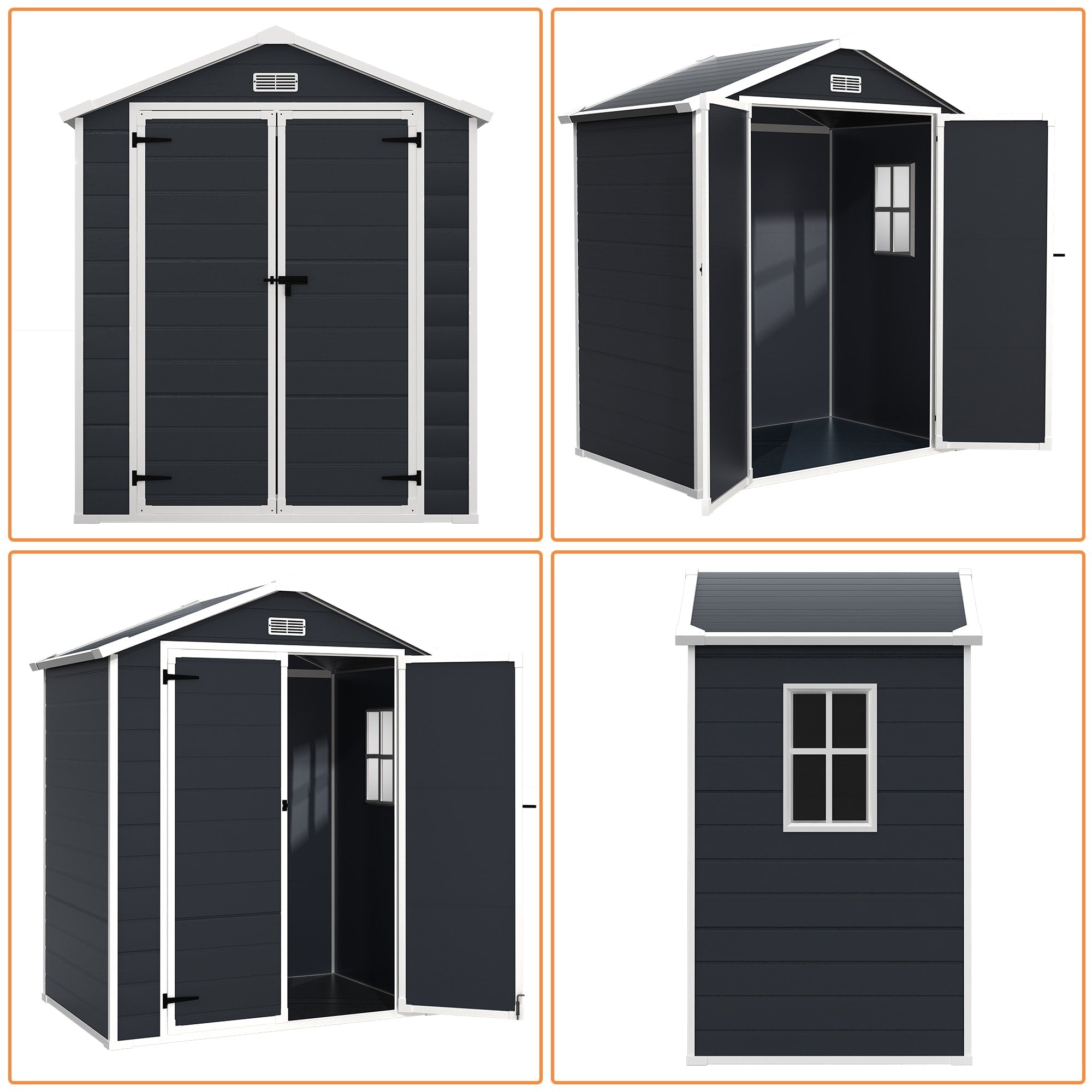 Abri de jardin en résine plastique tout temps avec plancher, dimensions : 1,83 m x 1,22 m / 1,83 m x 2,44 m / 2,44 m x 1,83 m / 2,44 m x 3,05 m.