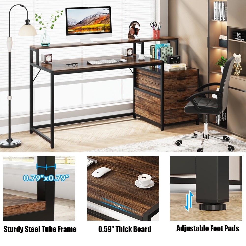 Bureau d'ordinateur 63 avec support pour écran, bureau ergonomique pour bureau à domicile avec tiroirs et classeur