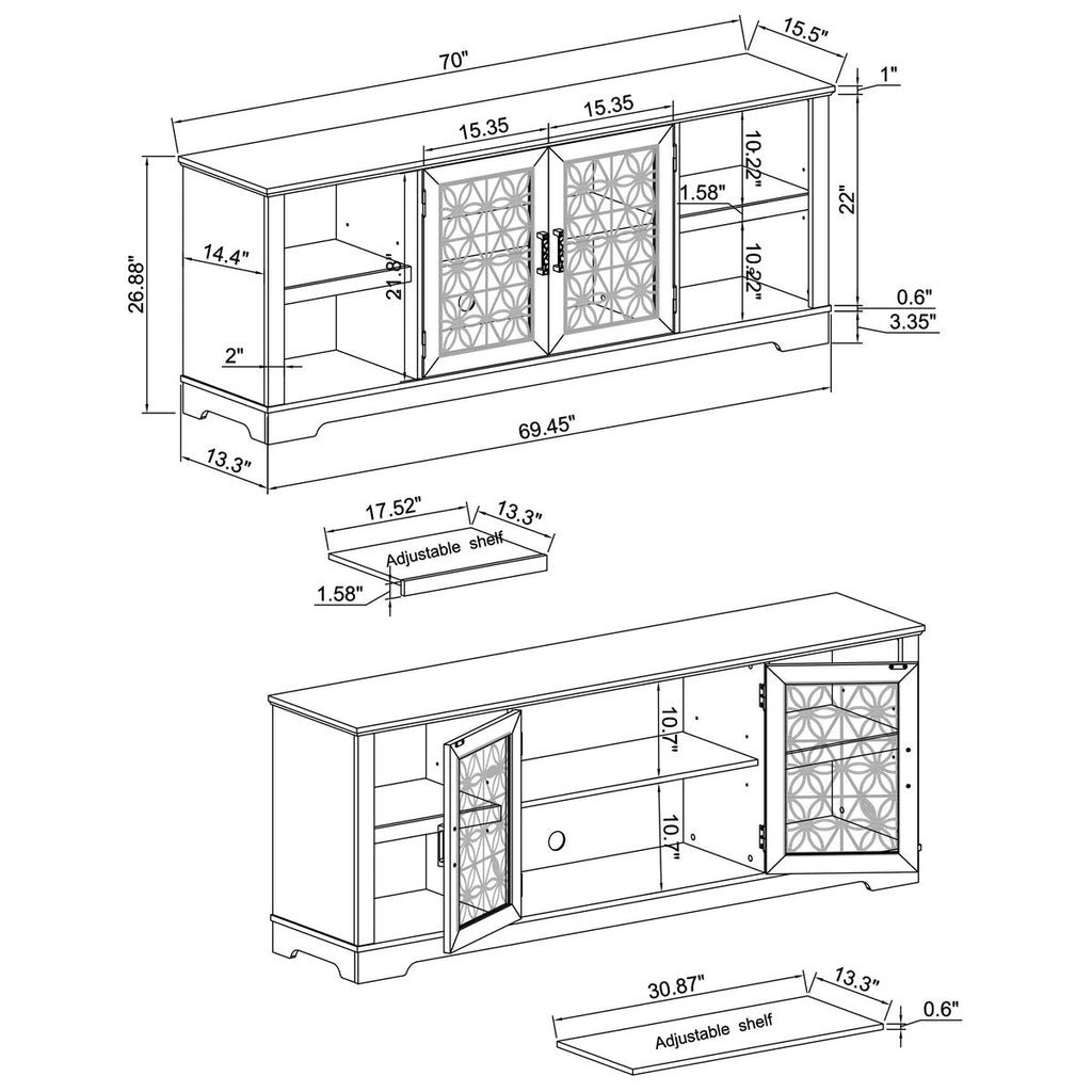 Meuble TV rustique décoratif à motif floral de 70 pouces, pouvant accueillir des téléviseurs jusqu'à 80 pouces.