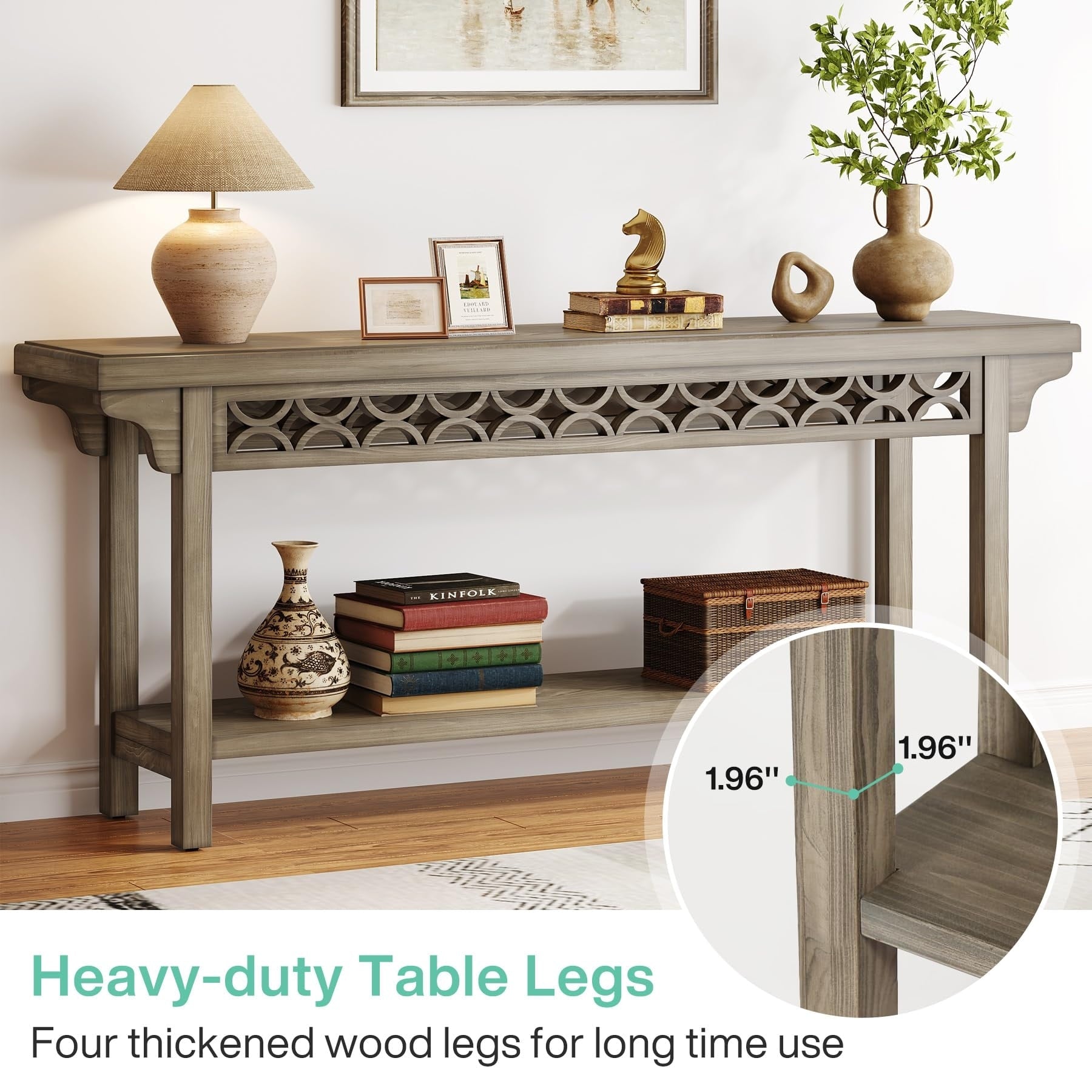 Console longue de style campagnard en bois massif de 70,8 pouces, table basse