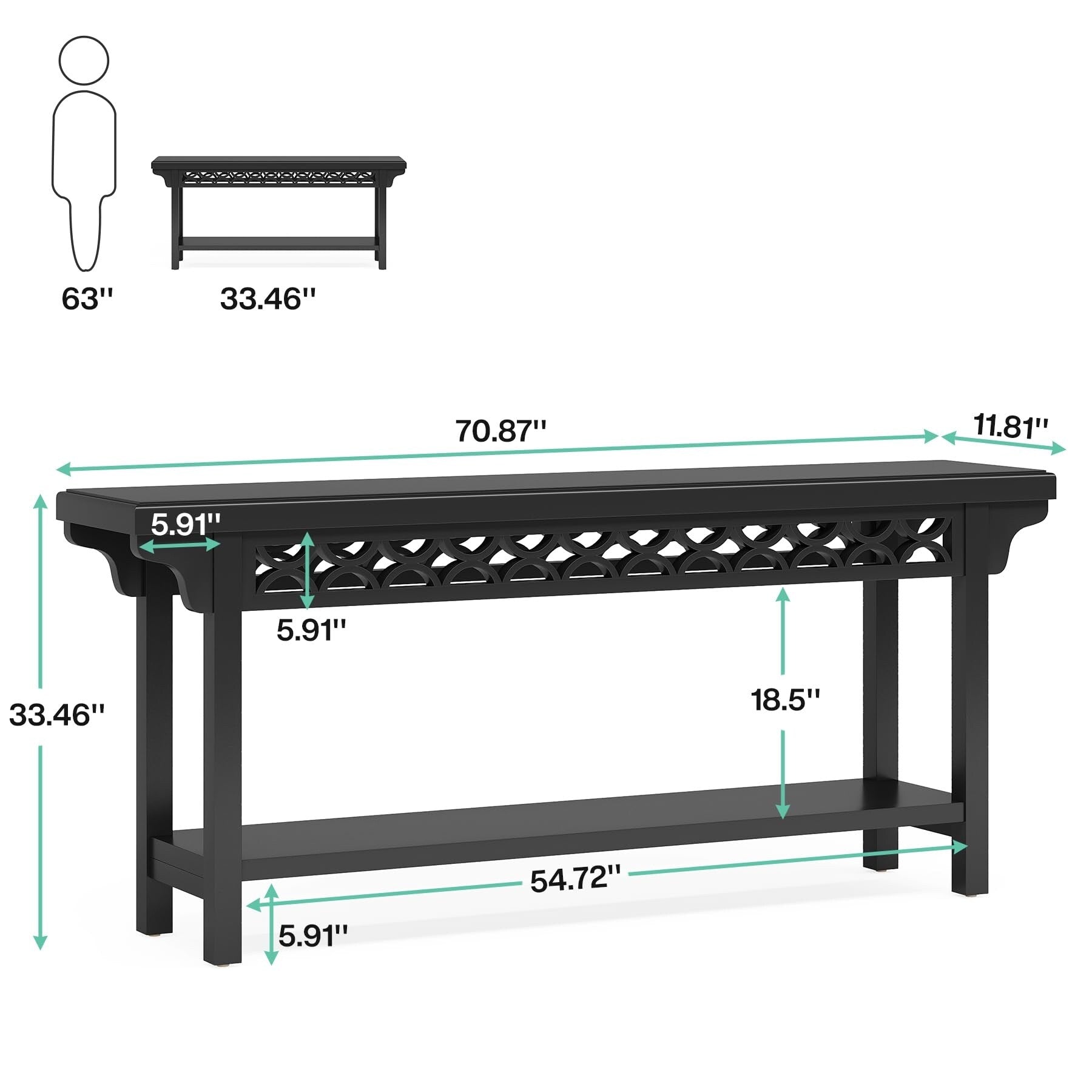 Console longue de style campagnard en bois massif de 70,8 pouces, table basse