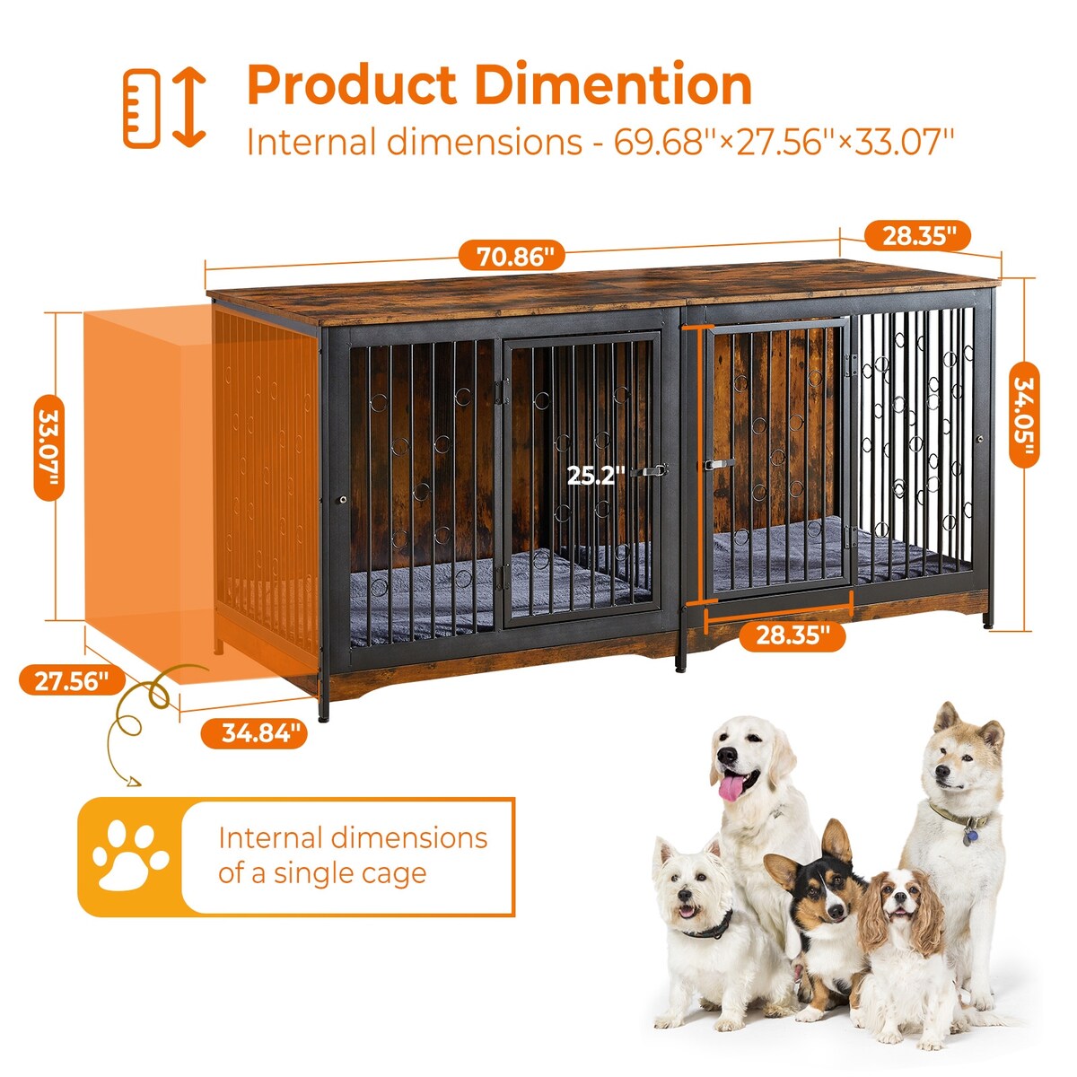Meuble TV pour cage pour chien de grande race de 70,86 pouces avec coussin et double compartiment (coussin non inclus)