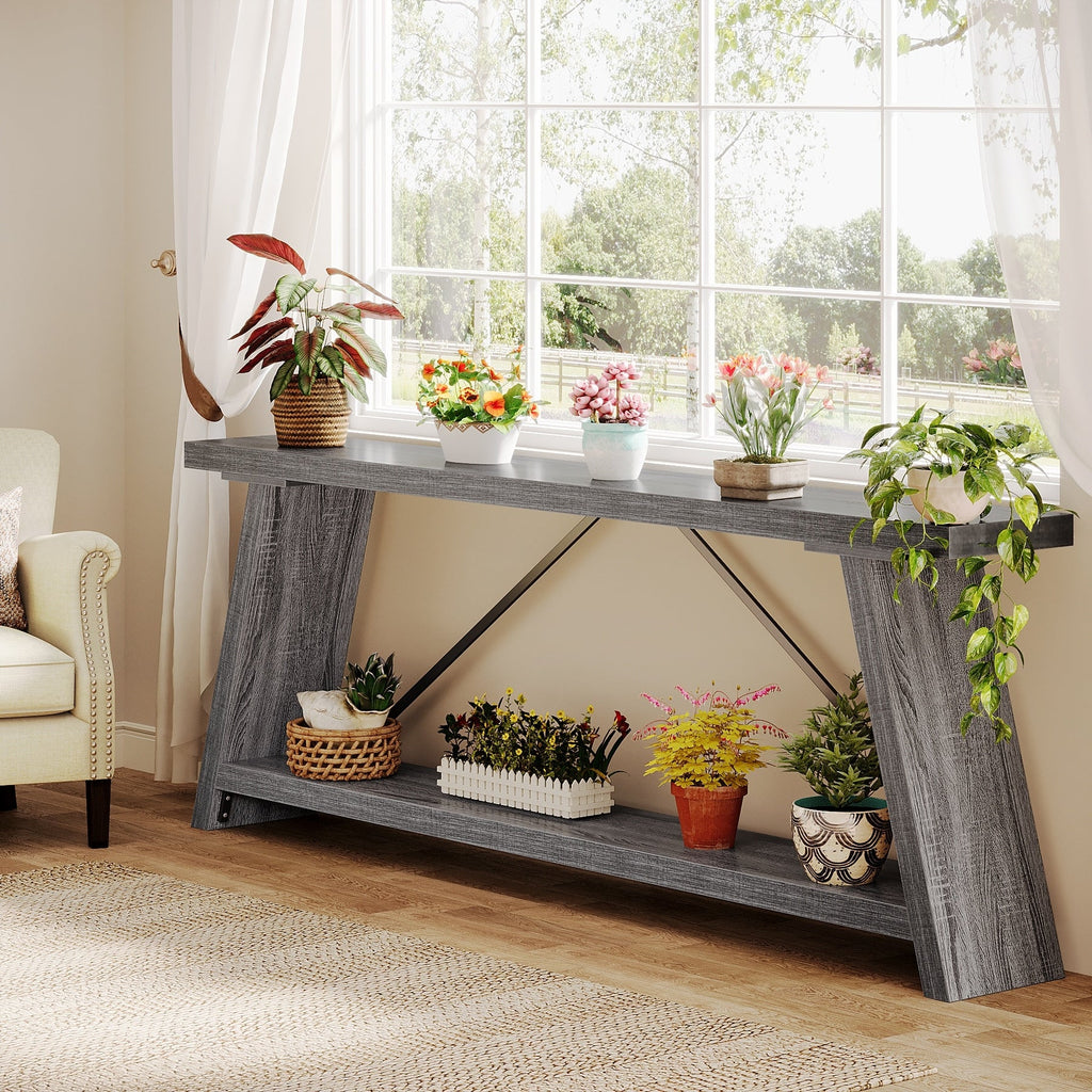 Console/table basse rustique en bois de 180 cm de long avec étagère de rangement