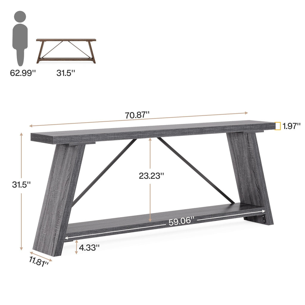 Console/table basse rustique en bois de 180 cm de long avec étagère de rangement