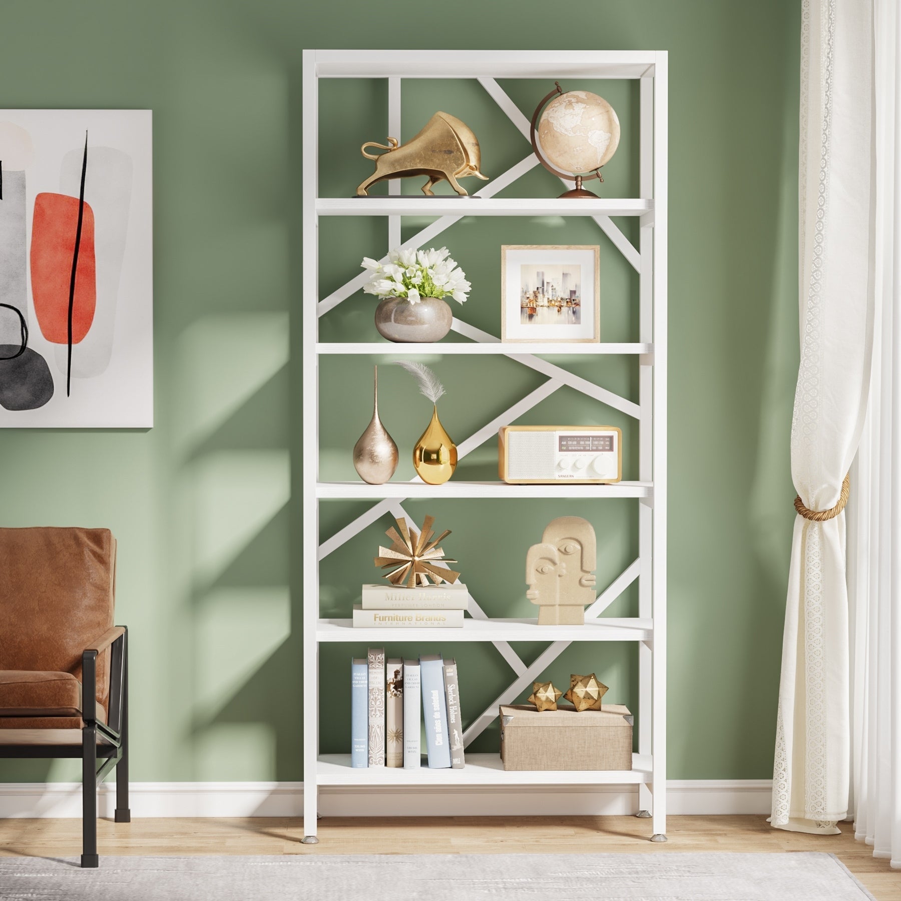 Bibliothèque industrielle 71, étagère à 6 niveaux en bois brun rustique, étagères ouvertes