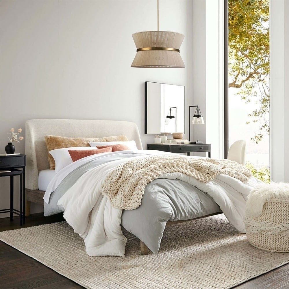 Lustre tambour moderne bohème à 8 lumières, grand modèle de 61 cm (24 pouces), en tissu tissé à la main, forme sablier, coloris or/noir, idéal pour salle à manger/salon.