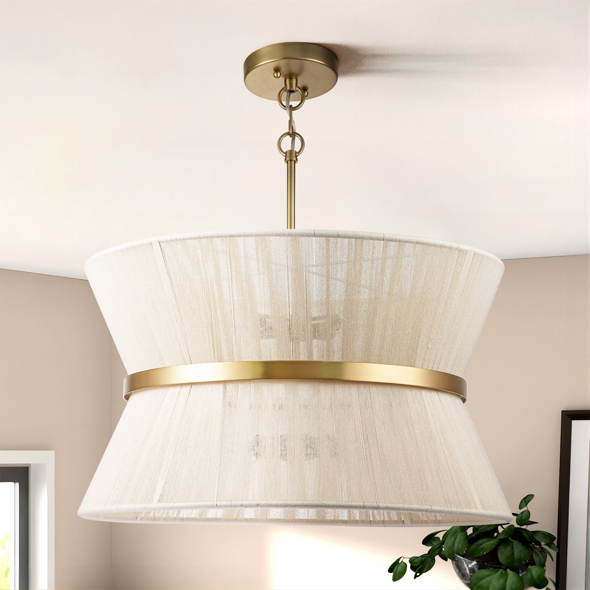 Lustre tambour moderne bohème à 8 lumières, grand modèle de 61 cm (24 pouces), en tissu tissé à la main, forme sablier, coloris or/noir, idéal pour salle à manger/salon.