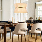 Lustre tambour moderne bohème à 8 lumières, grand modèle de 61 cm (24 pouces), en tissu tissé à la main, forme sablier, coloris or/noir, idéal pour salle à manger/salon.