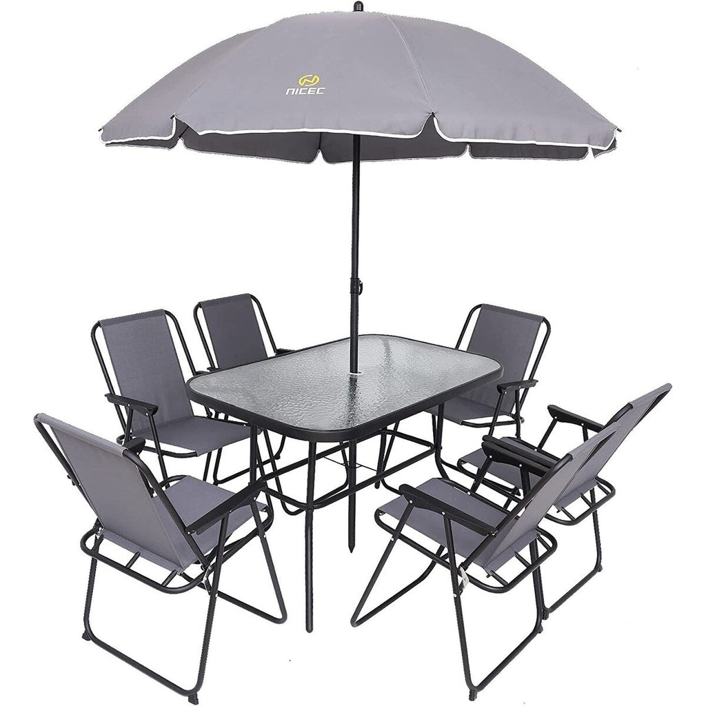 Ensemble de salle à manger de patio 8 pièces, ensemble de table de jardin avec parasol amovible, table en verre et 6 chaises pliantes