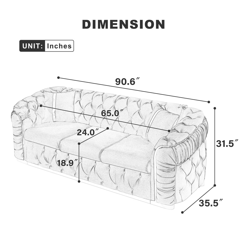 Canapé 3 places en velours 90.6 avec 2 coussins haute densité, accents dorés et oreillers