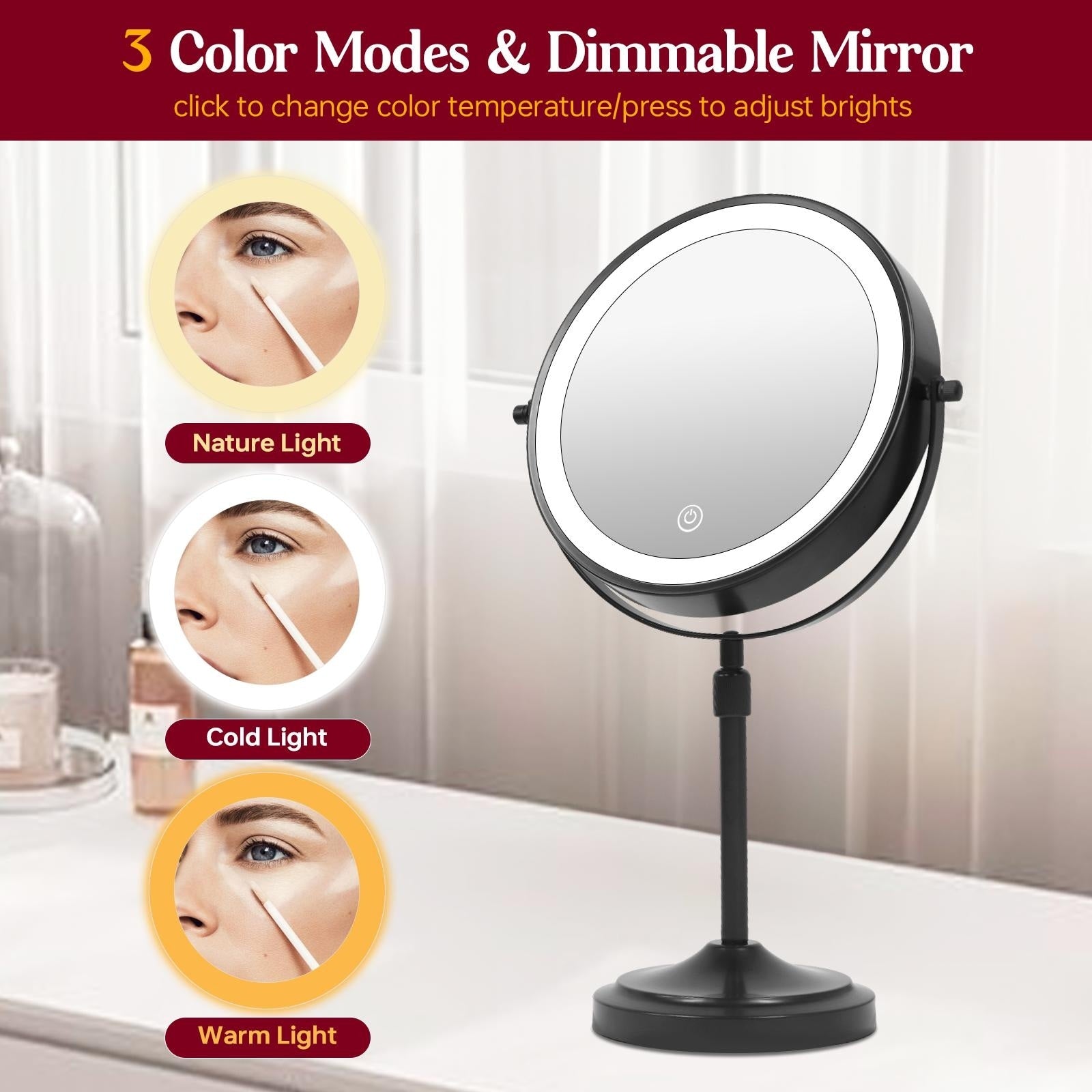 Miroir de maquillage lumineux à 9 LED, miroir grossissant double face avec grossissement 1x/10x, 3 couleurs d'éclairage