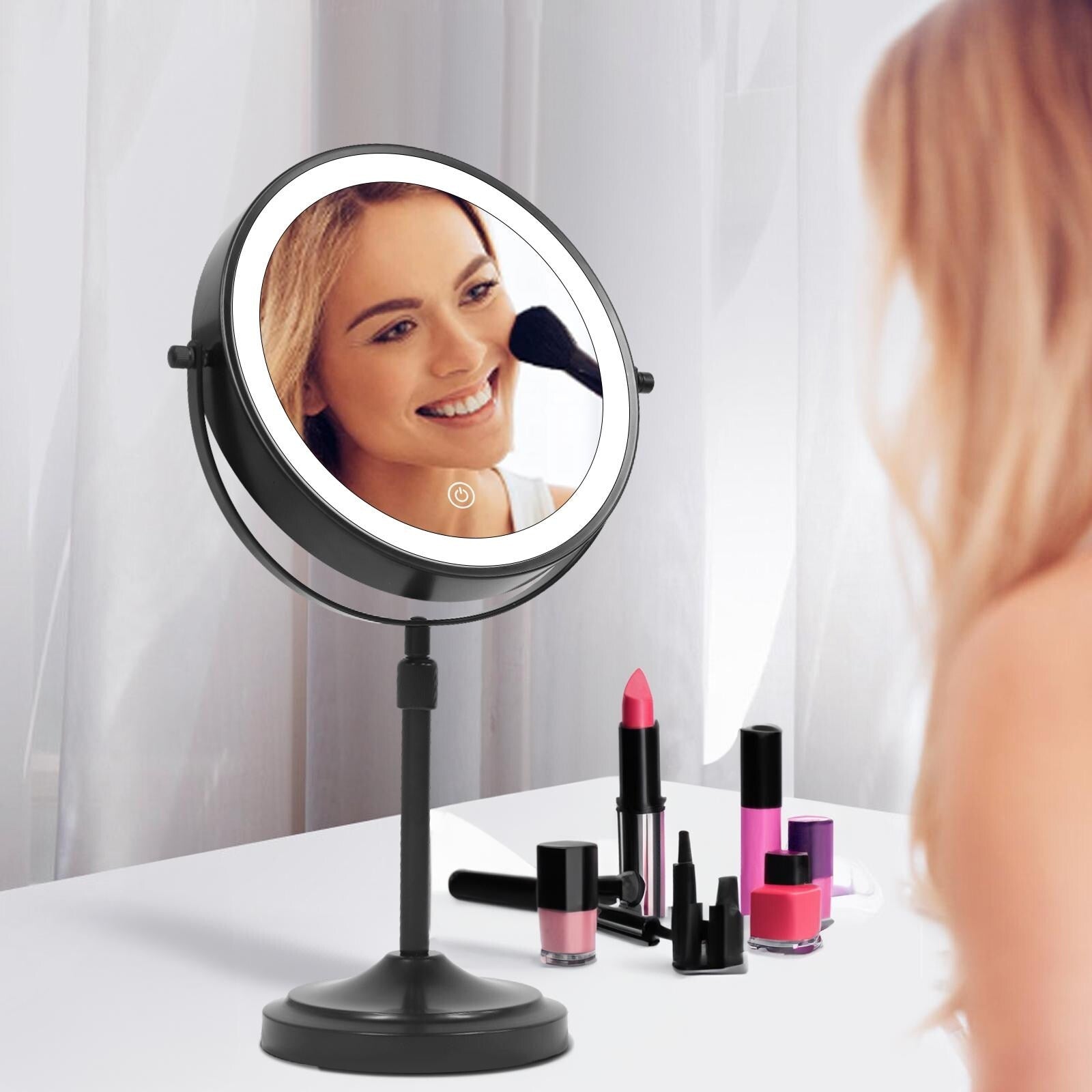 Miroir de maquillage lumineux à 9 LED, miroir grossissant double face avec grossissement 1x/10x, 3 couleurs d'éclairage