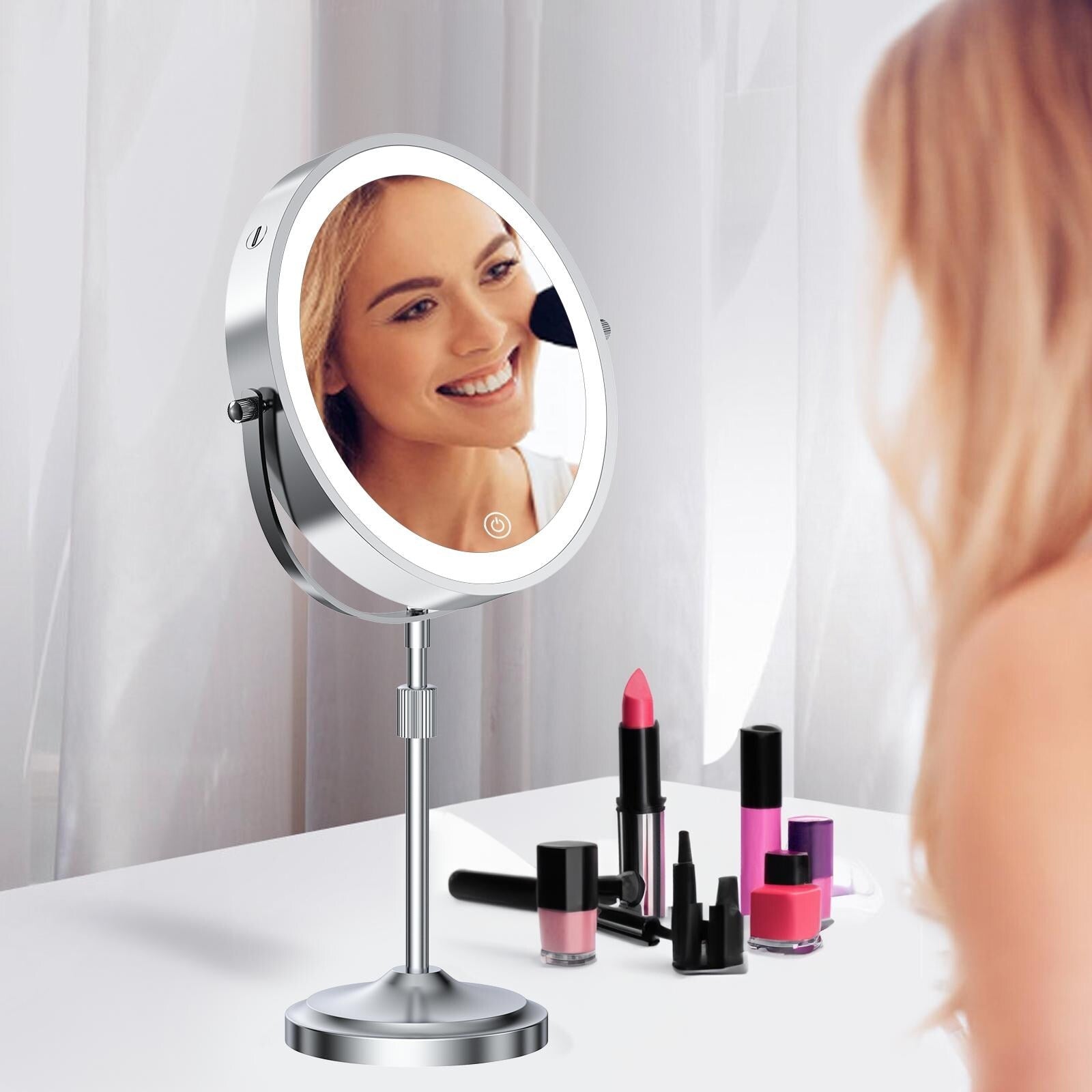 Miroir de maquillage lumineux à 9 LED, miroir grossissant double face avec grossissement 1x/10x, 3 couleurs d'éclairage